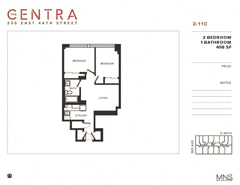 Floor plan for 2 beds, 1 bath, 498 sqft